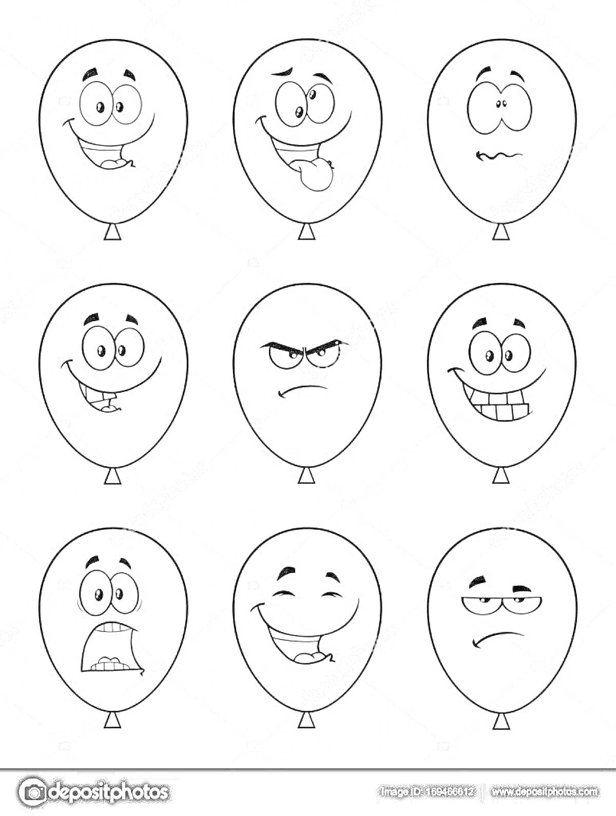 Раскраска Воздушные шары с разными эмоциями (счастье, дурачество, удивление, радость, злость, веселье, страх, спокойствие, скука)