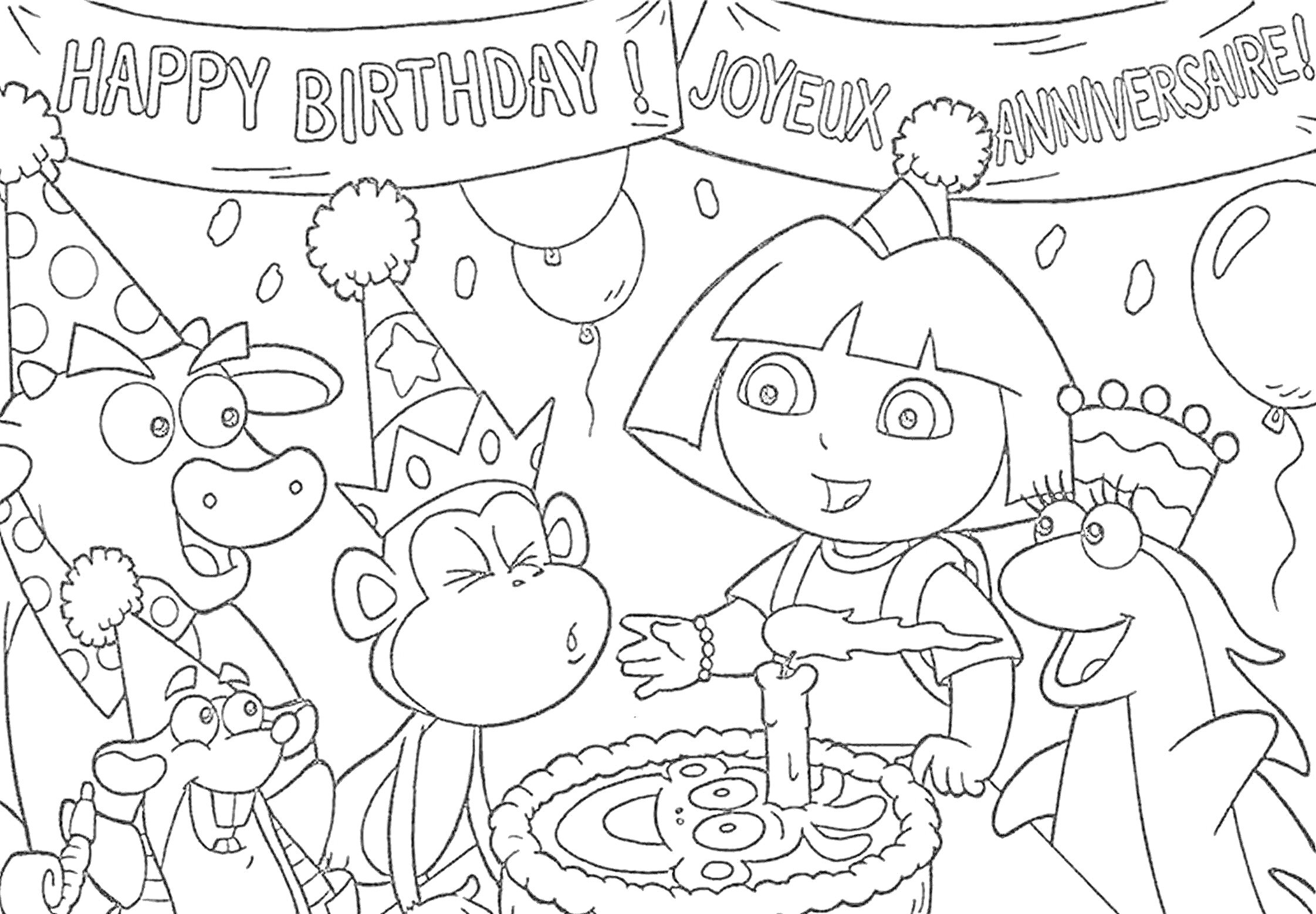 На раскраске изображено: День рождения, Торт, Девочка, Бык, Животные, Шары