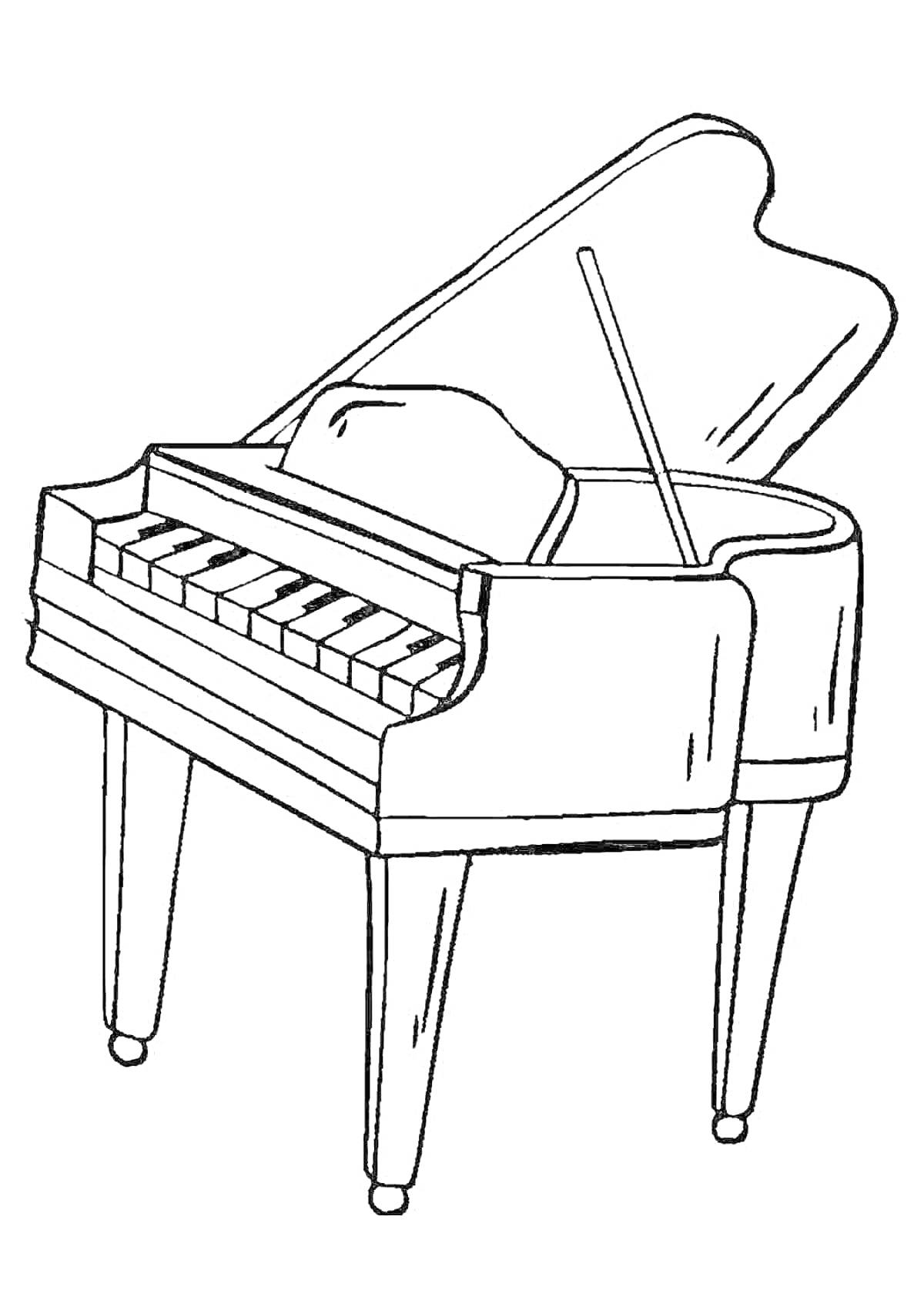 На раскраске изображено: Рояль, Пианино, Клавиши, Открытая крышка, Музыка, Музыкальные инструменты