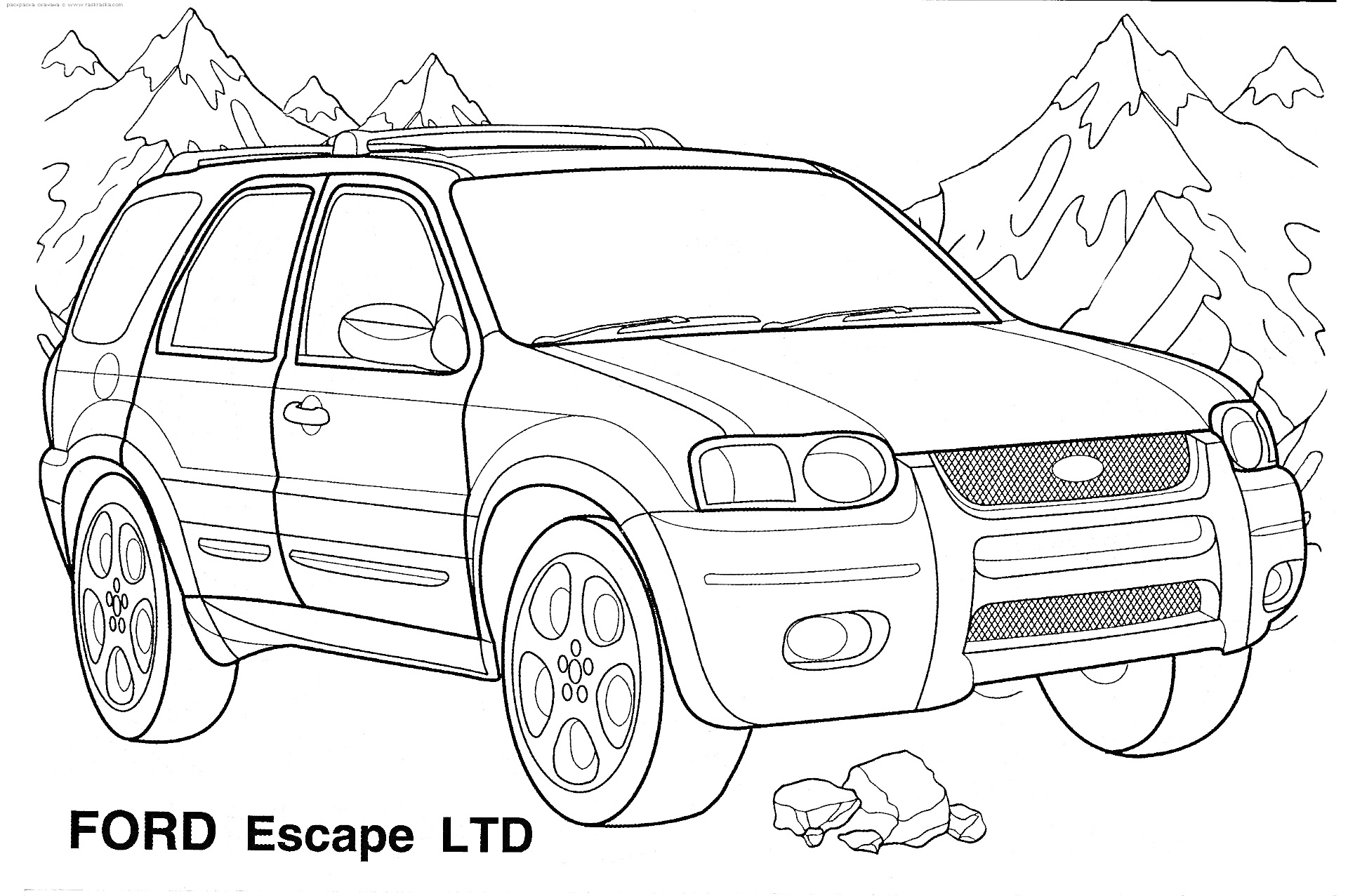 Раскраска Автомобиль Ford Escape LTD на фоне гор
