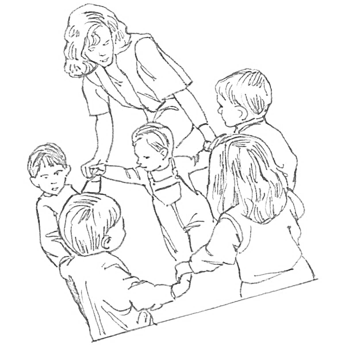 На раскраске изображено: Воспитатель, Хоровод, Игра, Дошкольное образование, Детский сад, Веселье