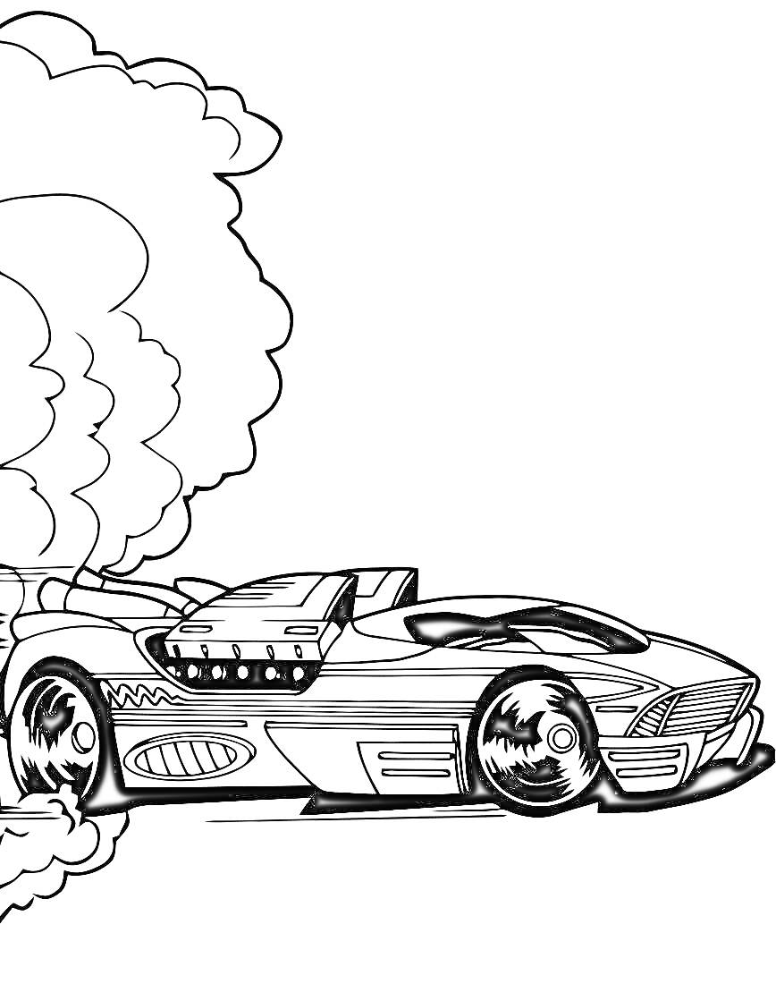 На раскраске изображено: Хот Вилс, Дым, Скорость, Спорткар, Авто, Гоночный автомобиль