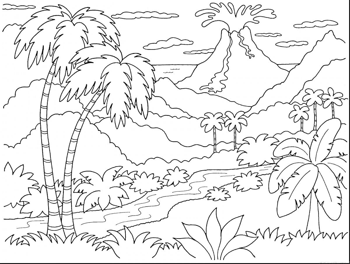 На раскраске изображено: Природа, Пальмы, Река, Вулкан, Деревья, Кусты, Облака, Горы, Ландшафт