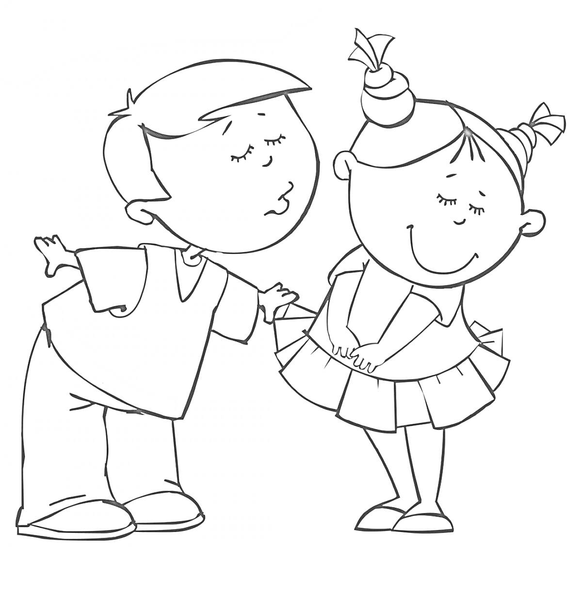 Мальчик и девочка с закрытыми глазами, мальчик наклоняется для поцелуя девочки в платье с хвостиками
