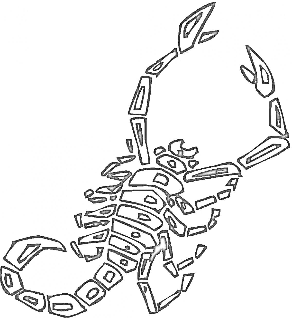 Раскраска Робот-скорпион с элементами на теле и выборе, похожими на механические детали и пластины.