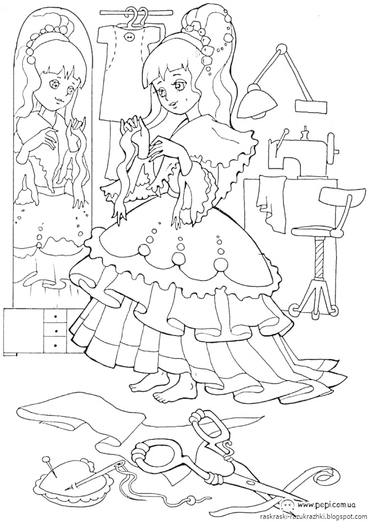 Раскраска Девочка шьёт платье у зеркала в комнате с швейной машиной и манекеном