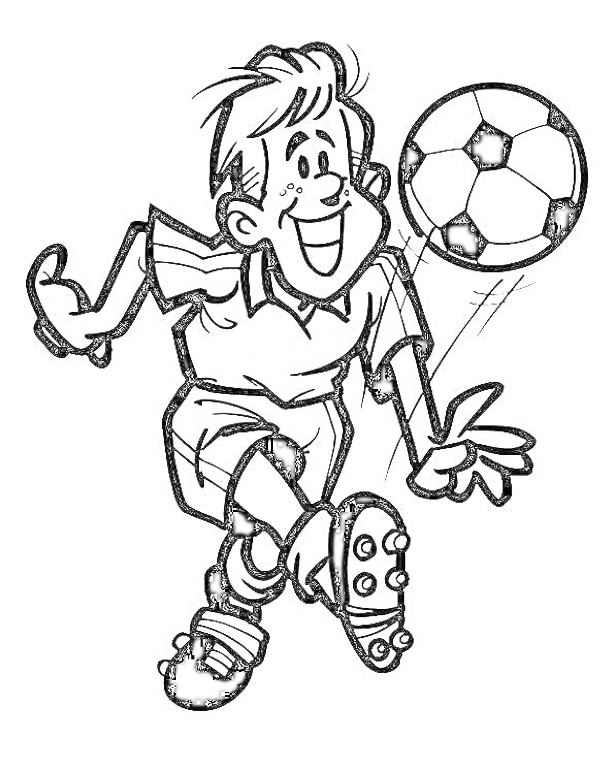 На раскраске изображено: Футболист, Мальчик, Футбольный мяч, Футбол, Спорт, Спортивная форма