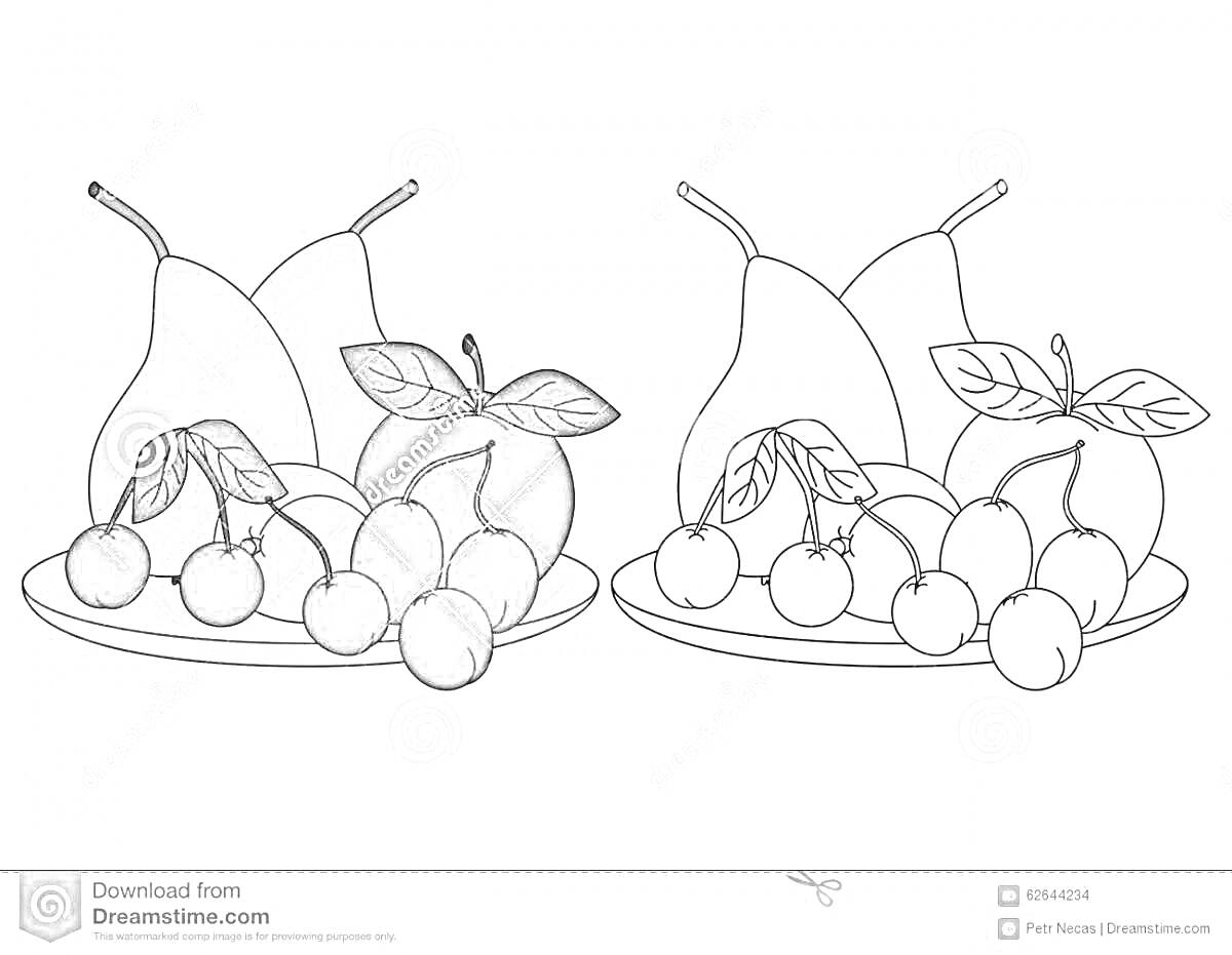 Раскраска Тарелка с фруктами: груши, яблоки и виноград