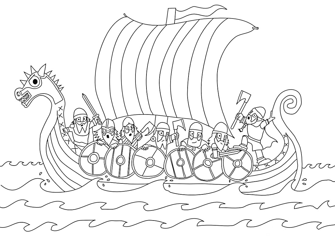 Корабль викингов с командой воинов в доспехах, вооруженных мечами и топорами, со щитами, с парусом, форма носа в виде дракона, море с волнами.