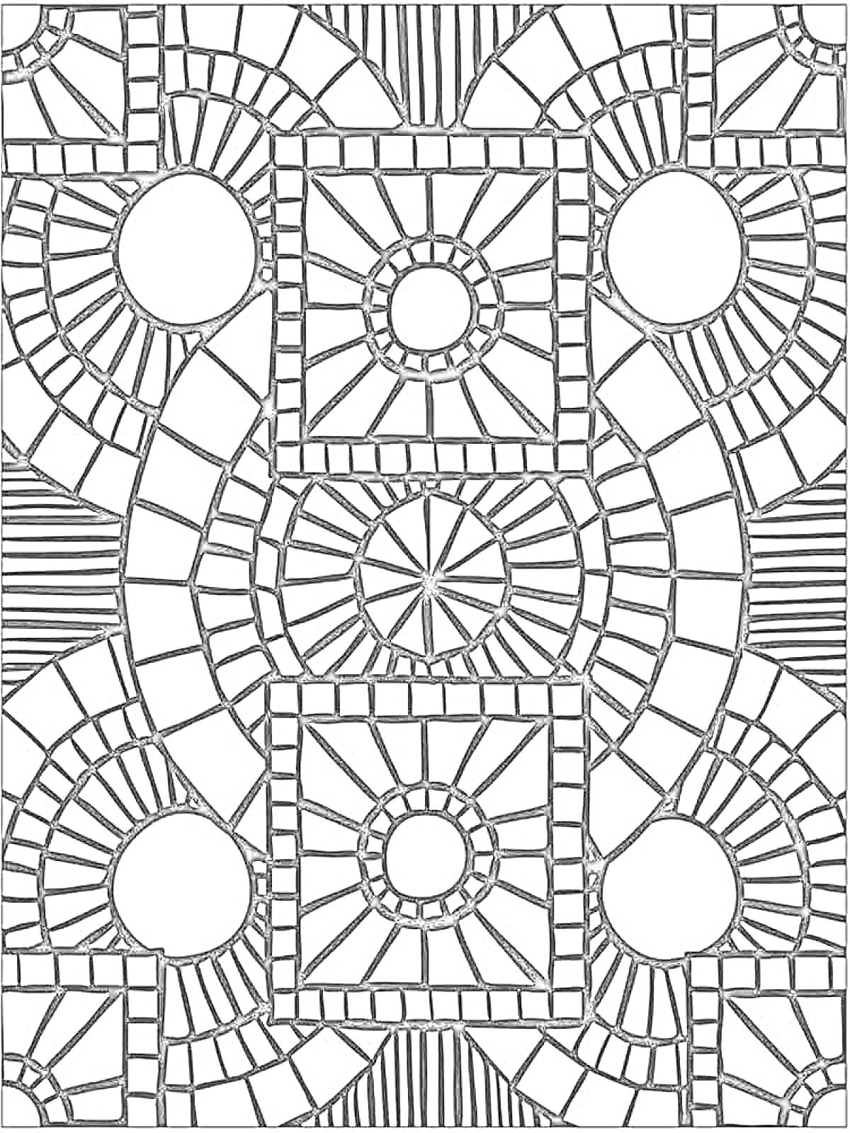 Раскраска Мозаика антистресс с кругами, квадратами и линиями