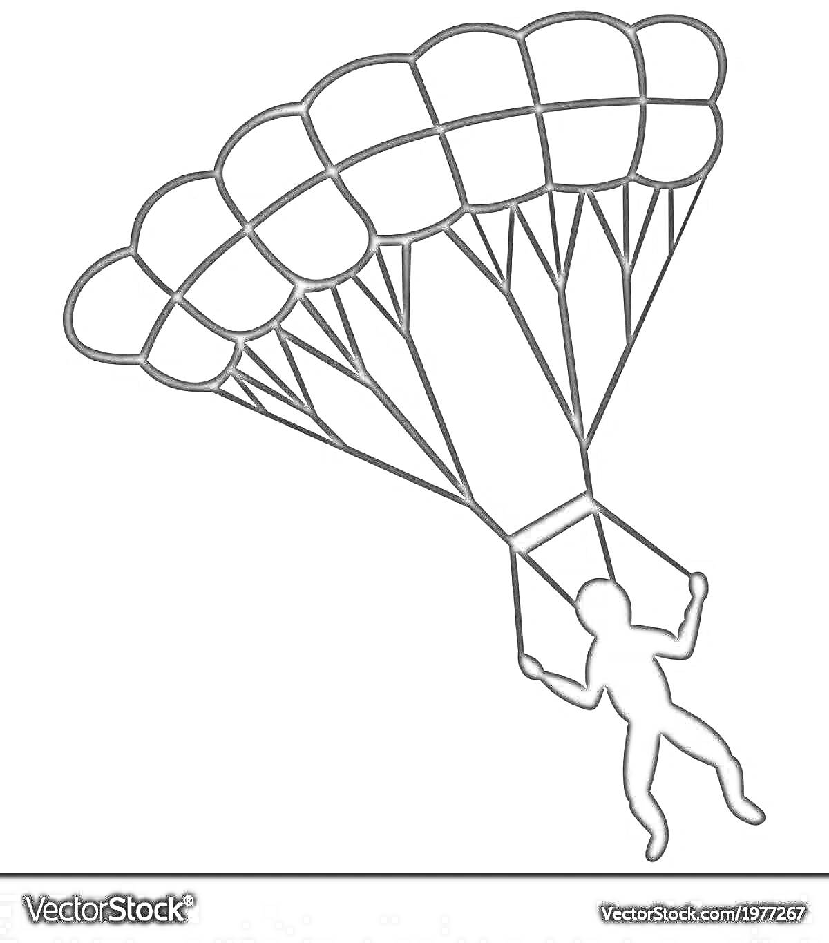 На раскраске изображено: Парашютист, Парашют, Человек, Воздух, Небо, Спорт, Спуск, Экстремальный спорт, Летательный аппарат