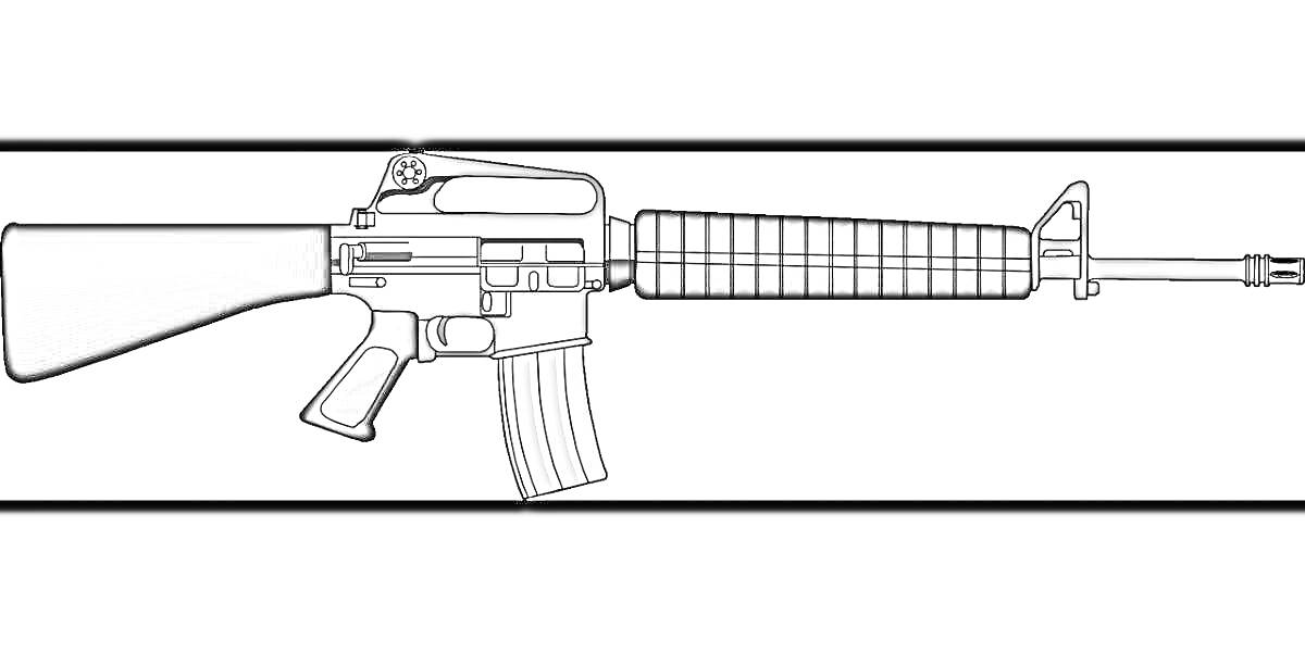 На раскраске изображено: M4A1, Штурмовая винтовка, Оружие, Винтовка, Магазин, Приклад, Рукоятка, Цевьё, Прицел