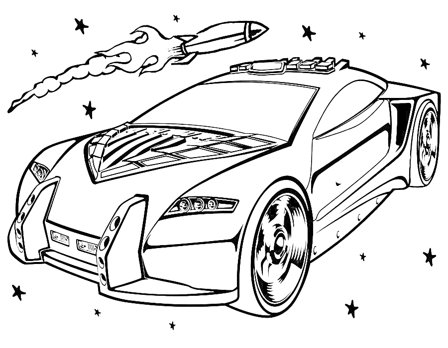 На раскраске изображено: Хот Вилс, Спортивный автомобиль, Ракета, Звезды, Авто