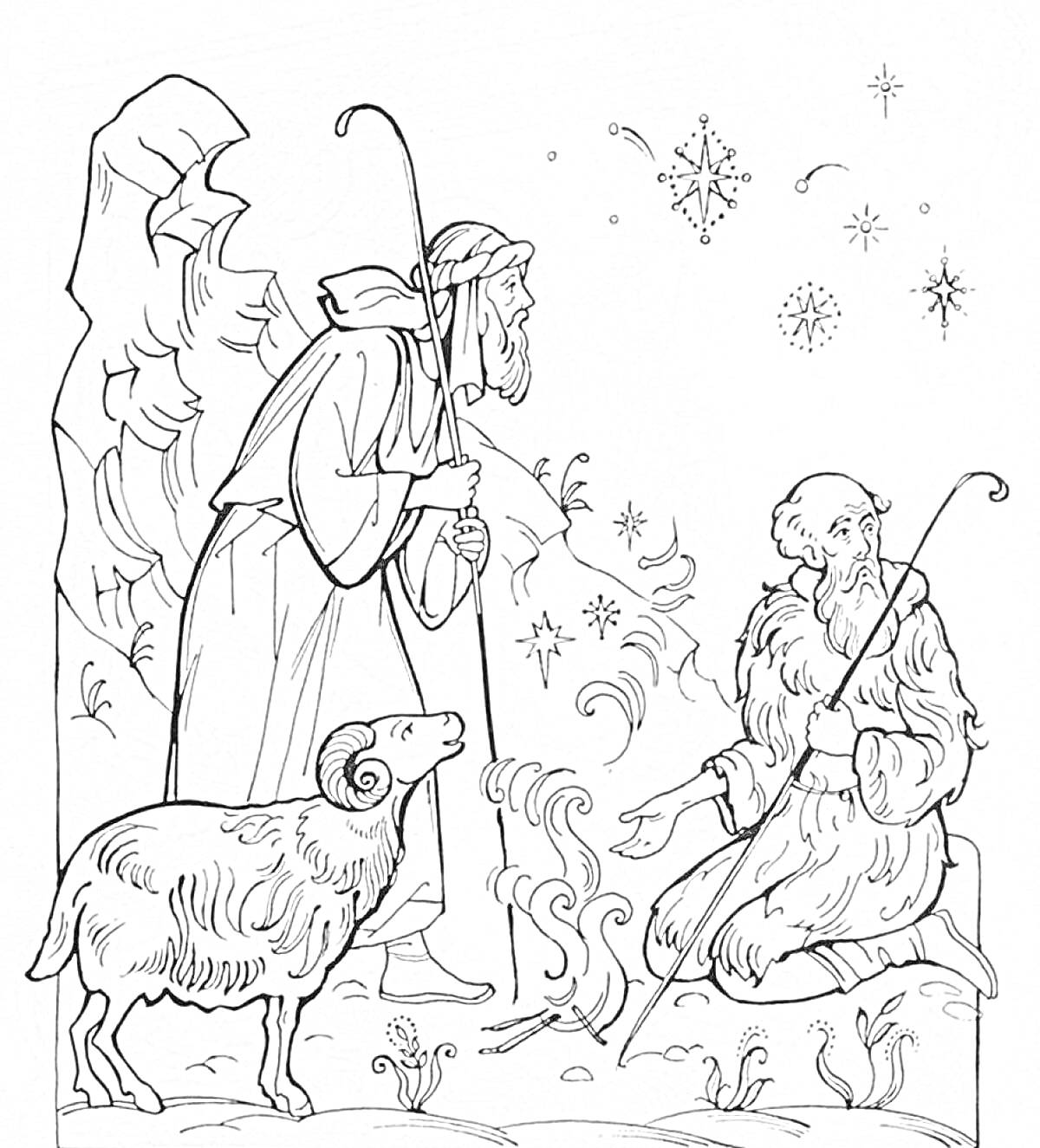 На раскраске изображено: Рождество, Пастухи, Звезды, Снежинки, Горы, Ночь, Христианство, Религия, Овечки, Праздники