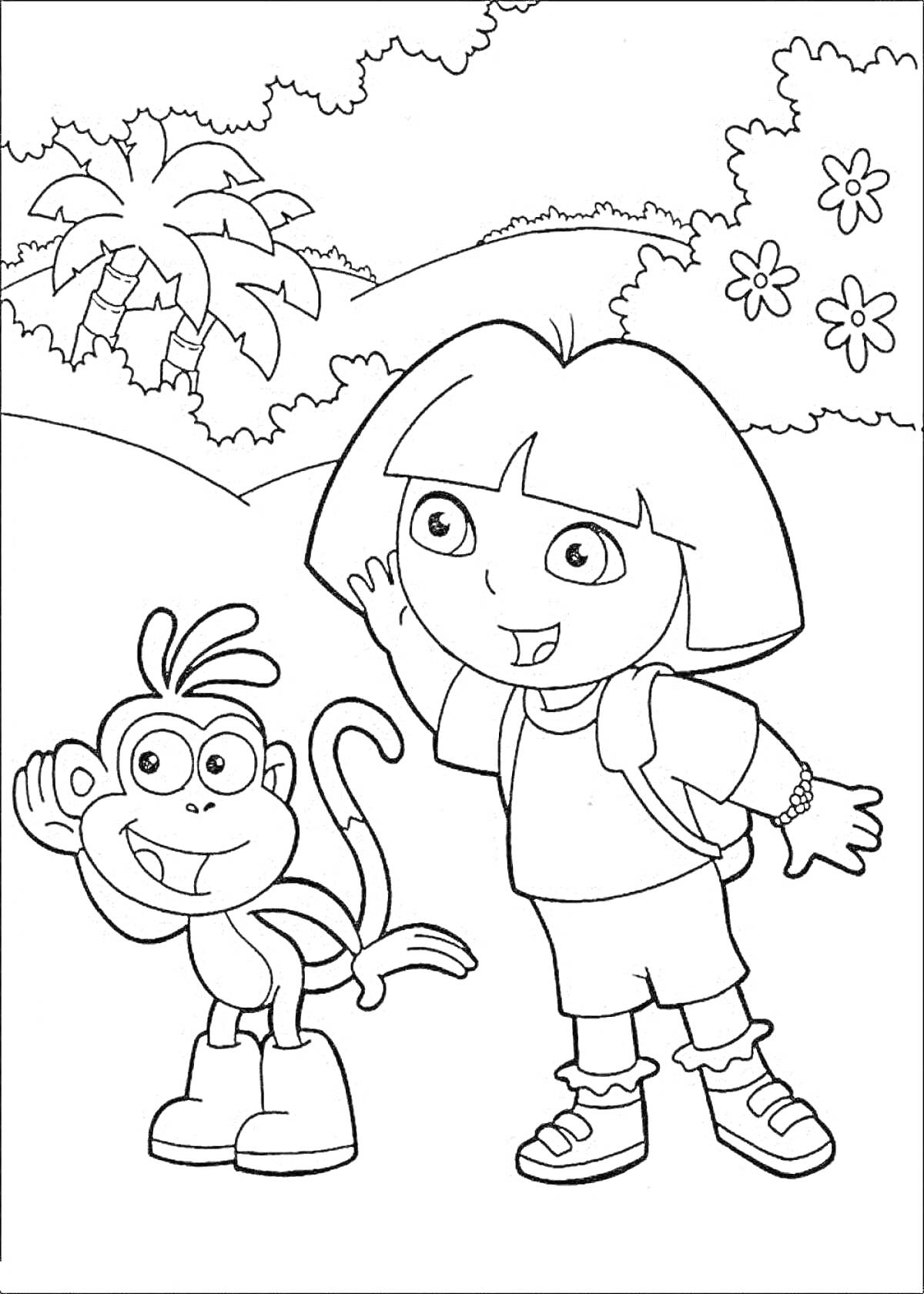 Раскраска Девочка с рюкзаком и обезьянка на фоне природы с деревьями и цветами