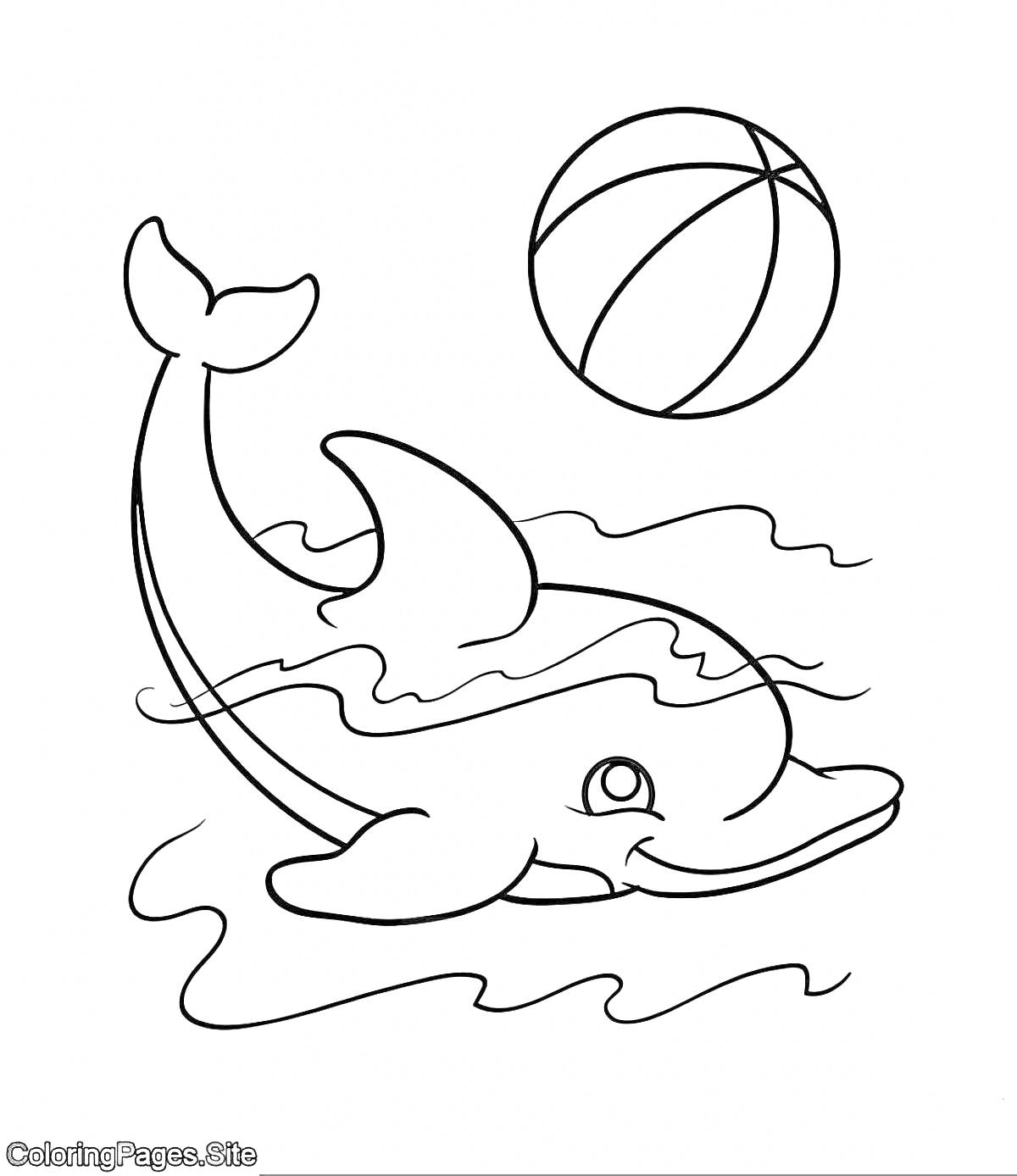 На раскраске изображено: Вода, Игра, Для детей, Дельфины, Морские животные, Мячи, Развлечения