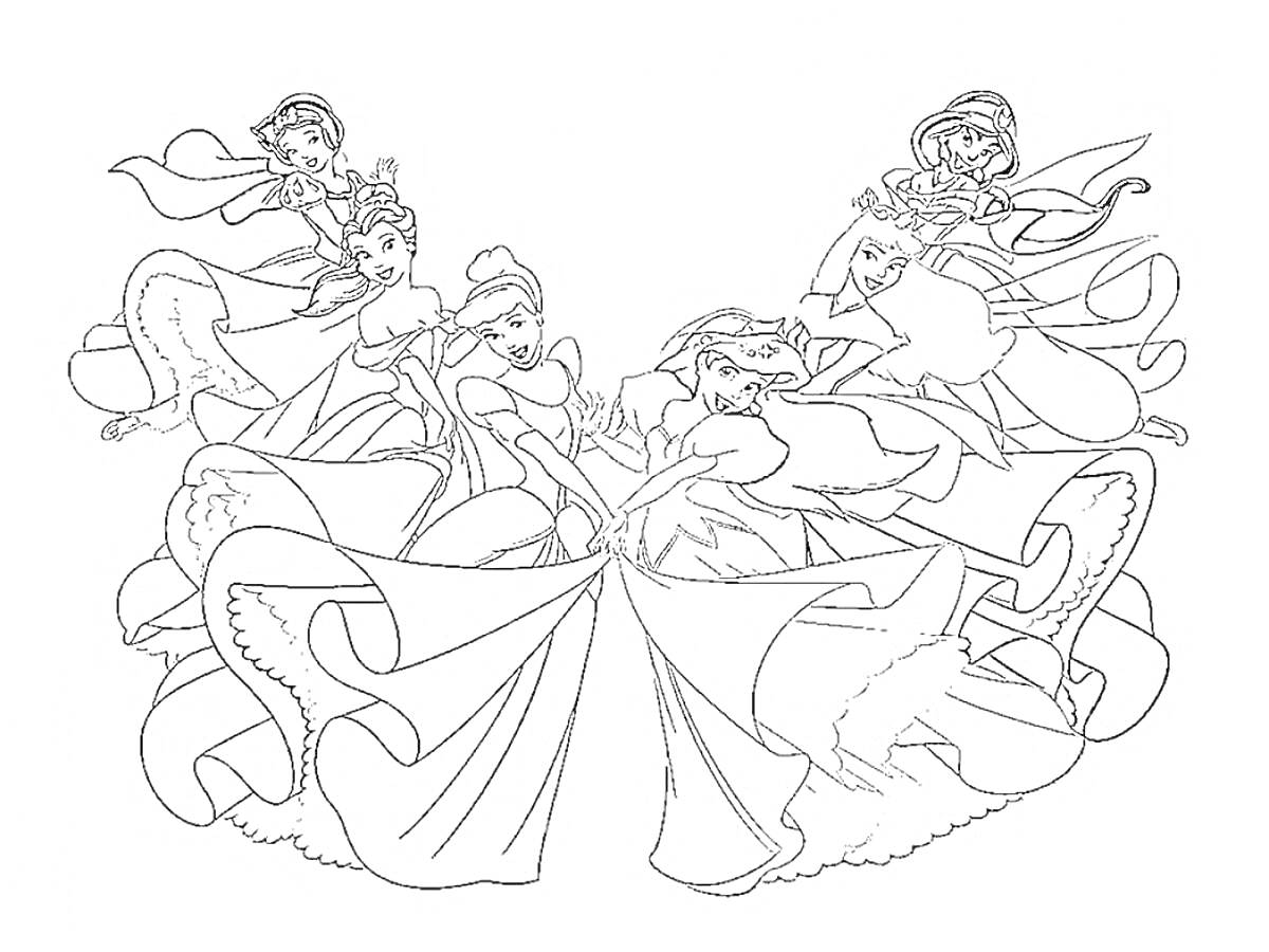 Раскраска Принцессы Дисней - пять принцесс в длинных платьях, стоящие в круге, с развивающимися юбками и поднятыми руками.