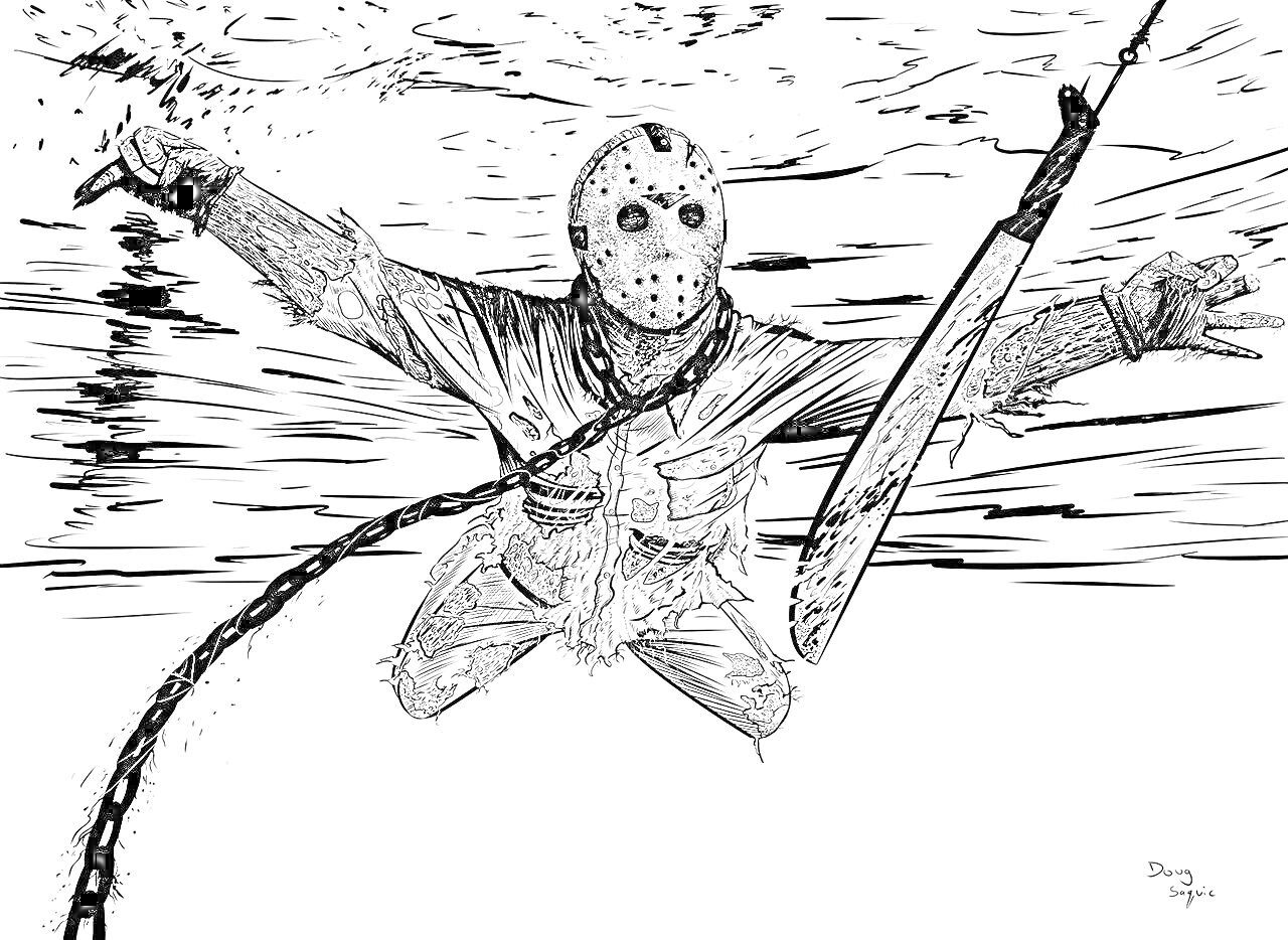 Раскраска Маньяк в хоккейной маске с мачете, погружающийся под воду с цепью на шее
