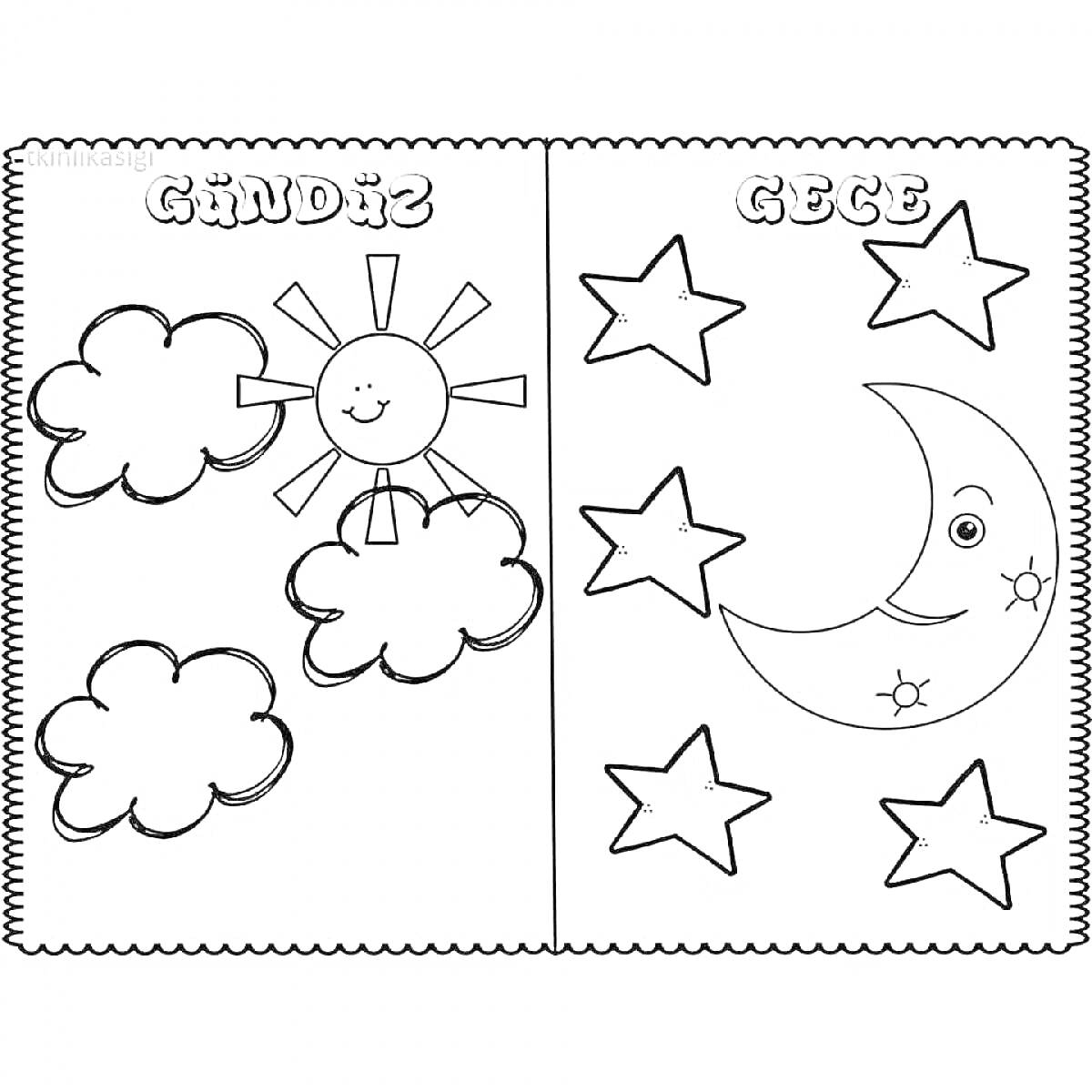 Раскраска День и ночь - солнце с облаками днем и звезды с луной ночью