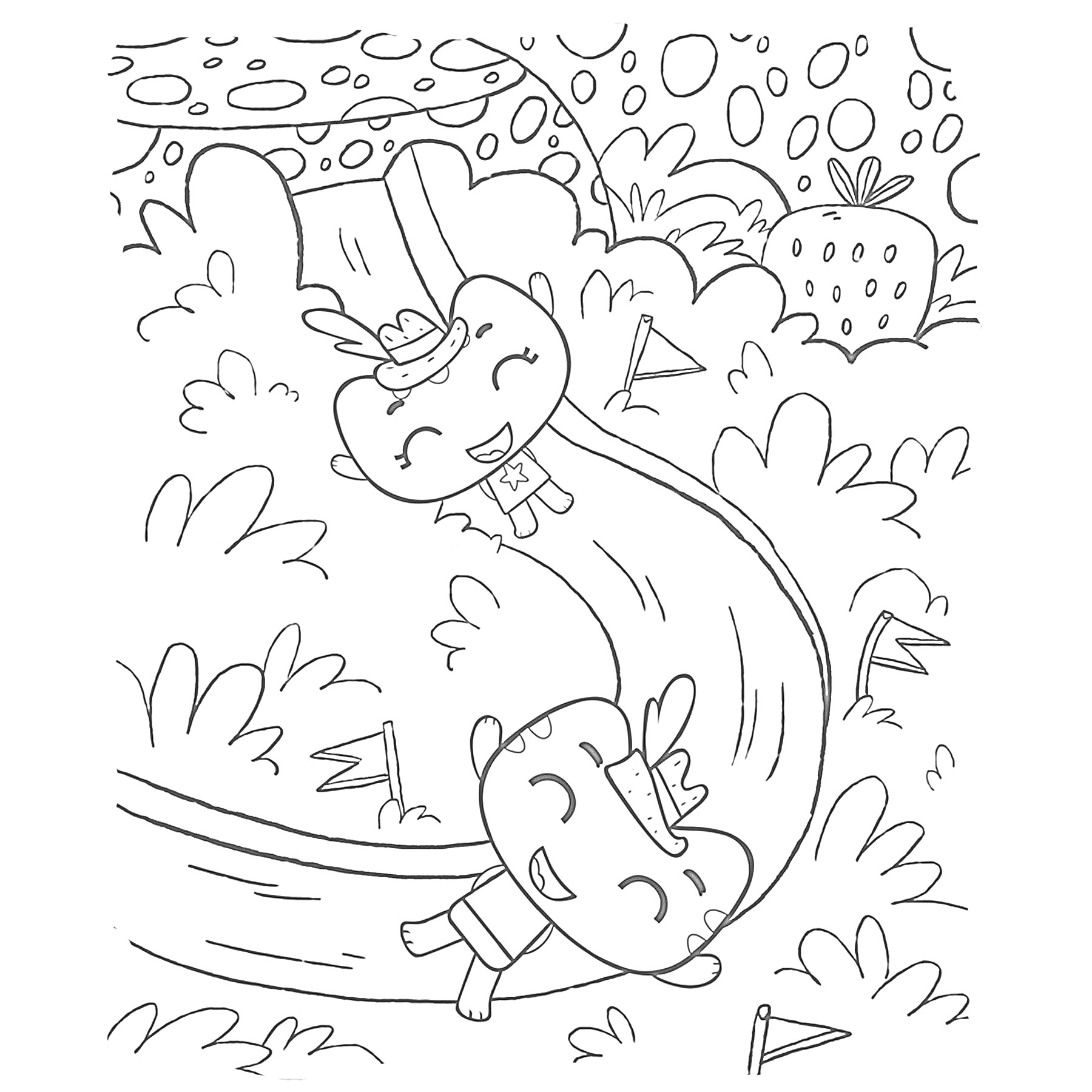 Раскраска Два весёлых котика катаются с горки в лесу, окружённые кустами и флажками; на заднем плане большая клубника и причудливое небо