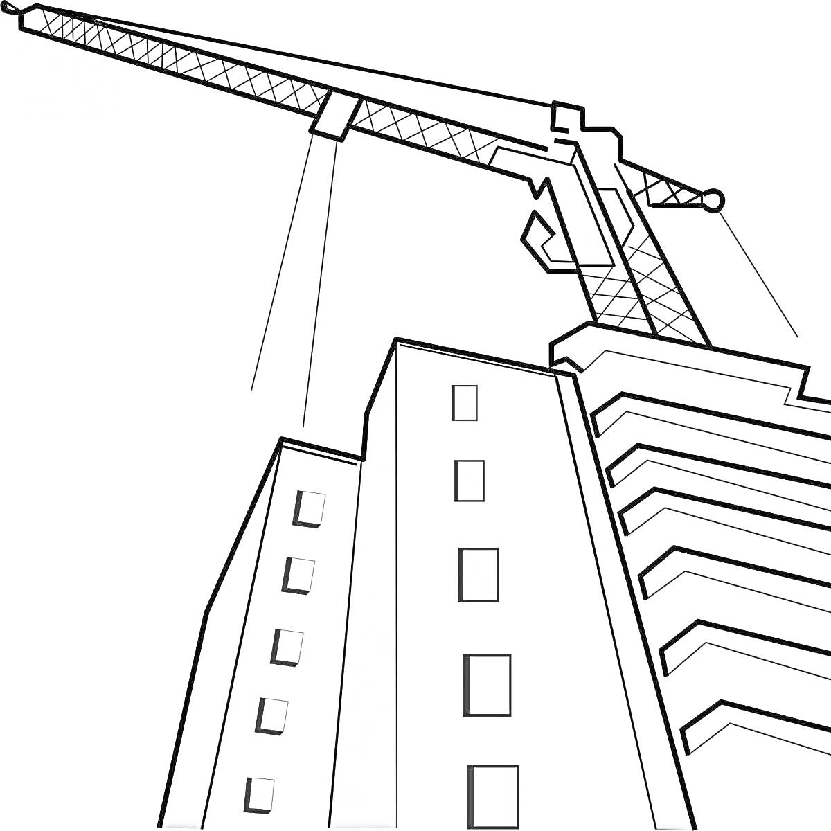На раскраске изображено: Строительство, Дом, Многоэтажка, Башенный кран, Сооружение, Здание, Архитектура