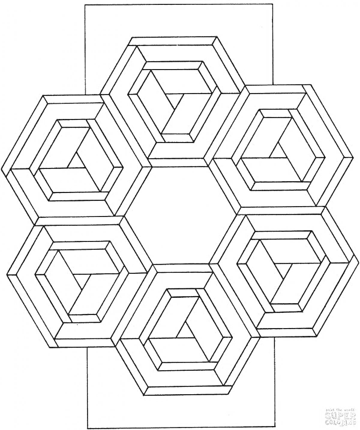 Раскраска Иллюзия из шестиугольников с рамкой
