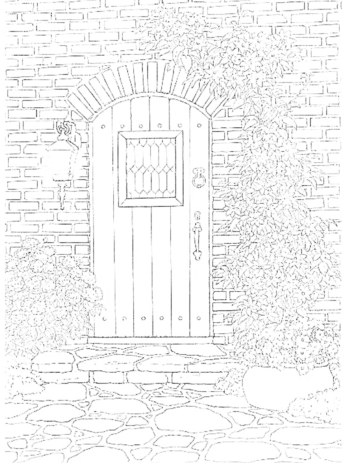 Раскраска Деревянная дверь с бриллиантовым стеклом, кирпичная стена, фонарик, каменные ступеньки, цветочные кусты, вьющиеся растения
