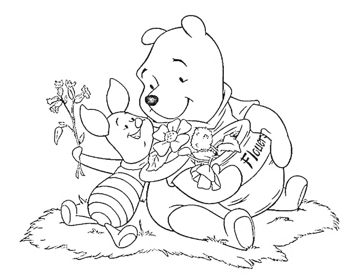 Раскраска Медвежонок и его друг со связкой цветочков, сидящие на траве