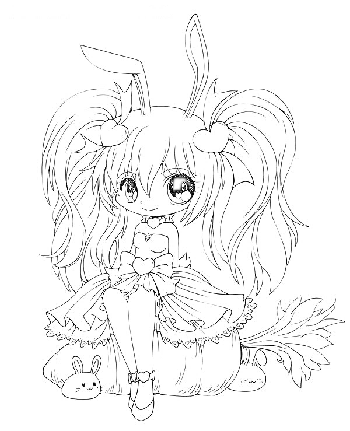 Раскраска Девушка аниме с длинными волосами, ушками-кроликами, сердечками, в платье с бантами, сидящая на подушке с хвостом, рядом с зайчиками
