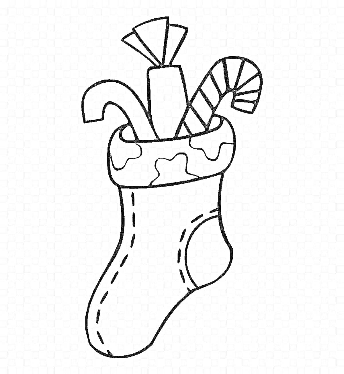 Раскраска Новогодний носок с конфетами и подарком