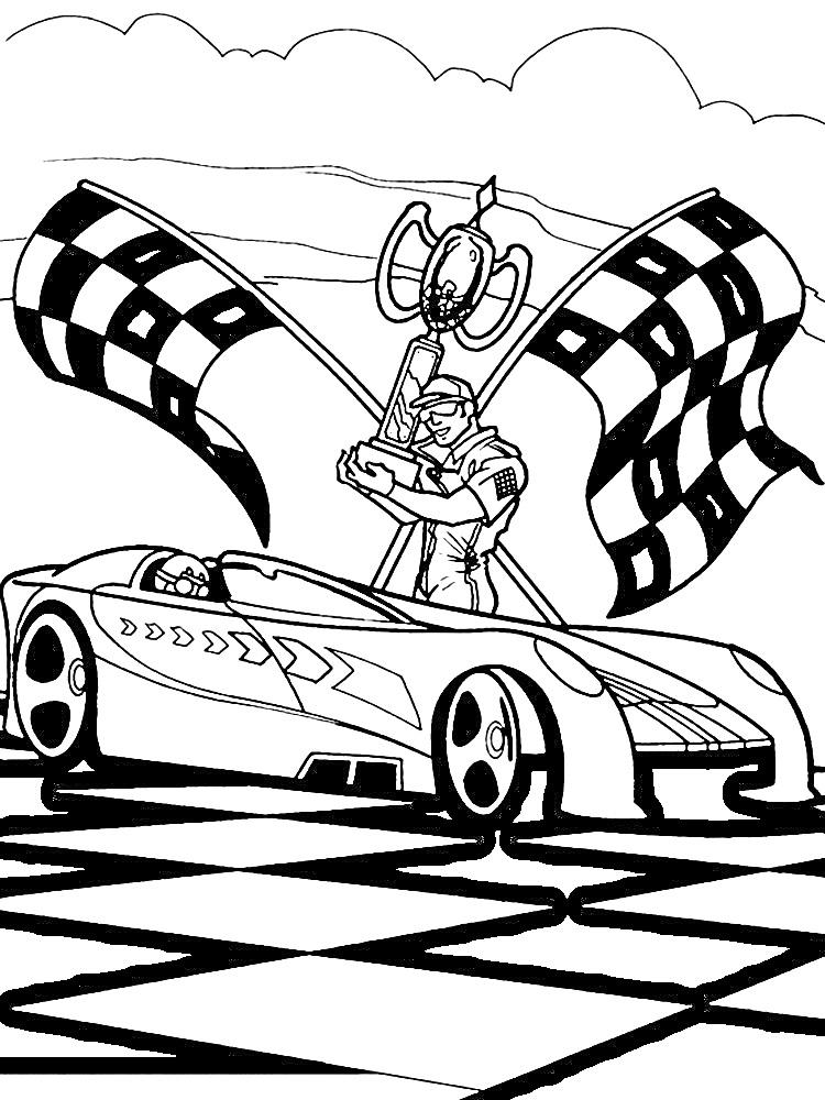 Раскраска Гоночный автомобиль и победитель с кубком на финише, на заднем плане развевающиеся клетчатые флаги и облака