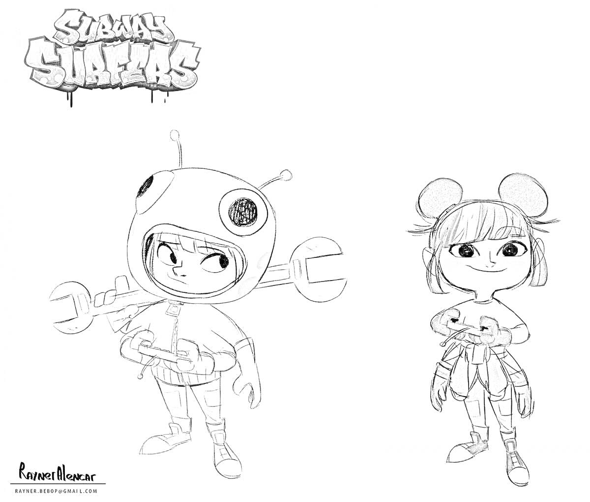 Раскраска Двое персонажей из Сабвей Серф: один в костюме с антеннами и гаечными ключами, другой с ушками и плюшевыми игрушками
