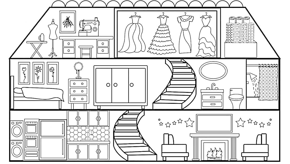 Раскраска Дом Тока Бока с мебелью, лестницами и интерьерными элементами