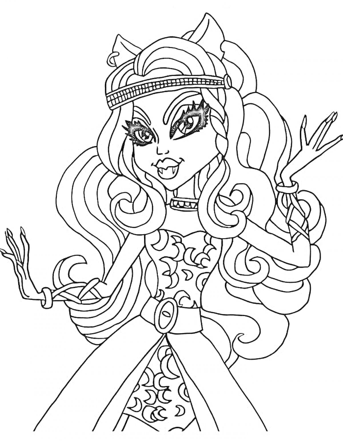 РаскраскаДевочка-монстр с длинными волнистыми волосами в платье с узорами и поясом, с диадемой и кошачьими ушками