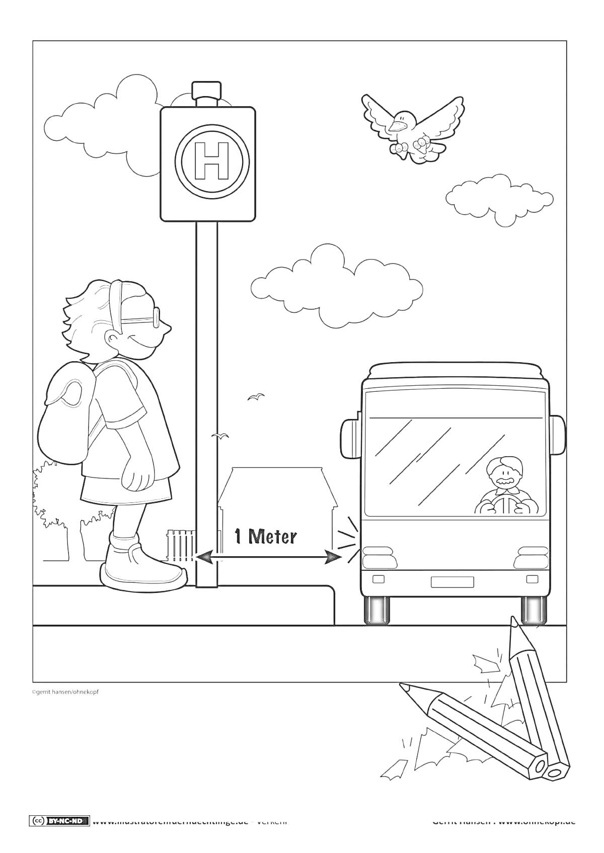 На раскраске изображено: Пдд, Зима, Автобус, Остановка, Безопасность, Рюкзак, Знак, Облака, Птица