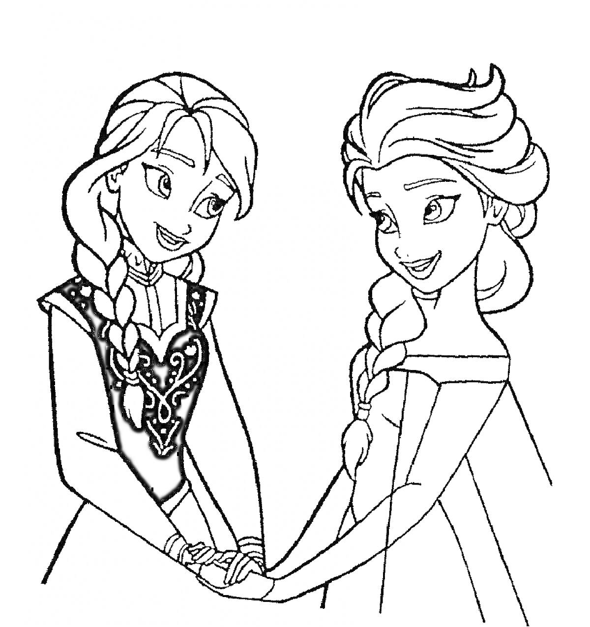 Раскраска Эльза и Анна держатся за руки
