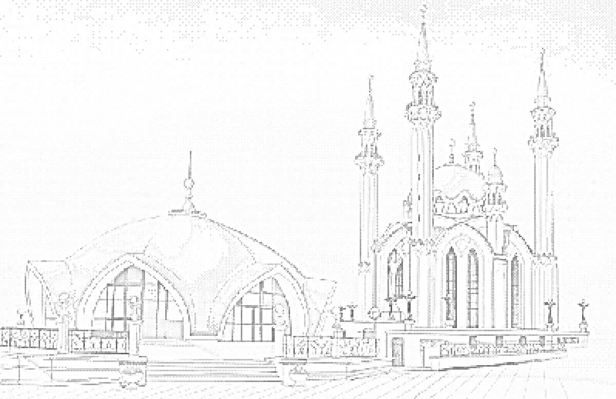 На раскраске изображено: Мечеть, Павильон, Архитектура, Фонтан, Лестница, Забор, Казань