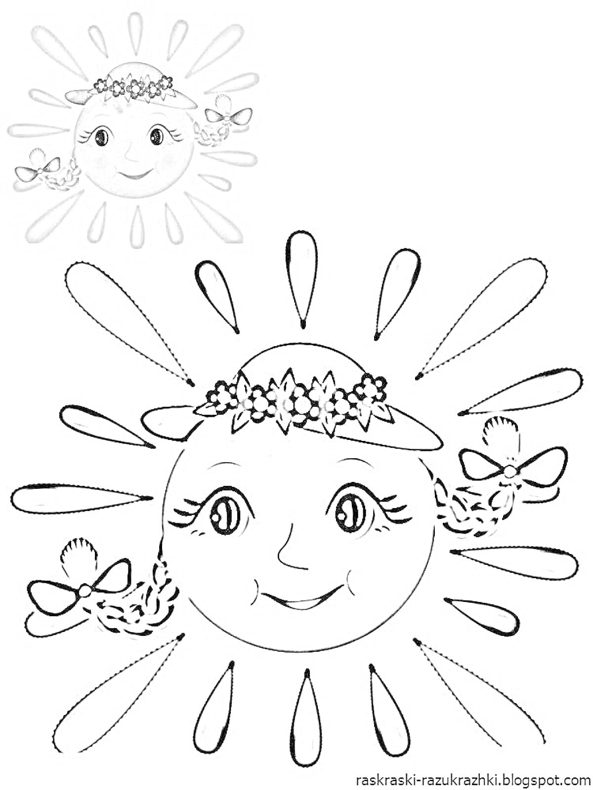 Раскраска Солнышко с венком из цветов и бантиками, улыбающееся