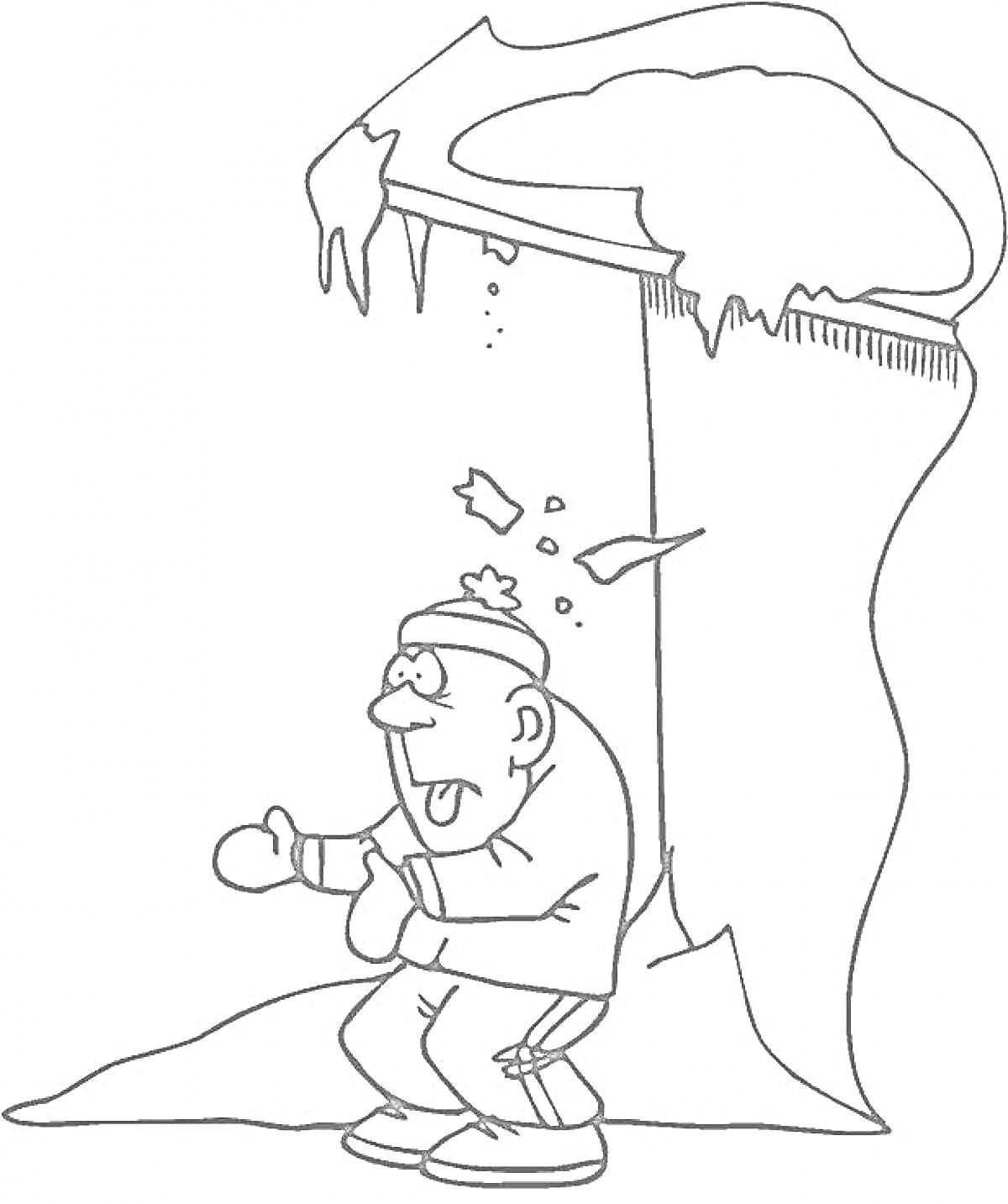 Раскраска Леденящая опасность: сосулька, падающая с крыши, мужчина в зимней одежде