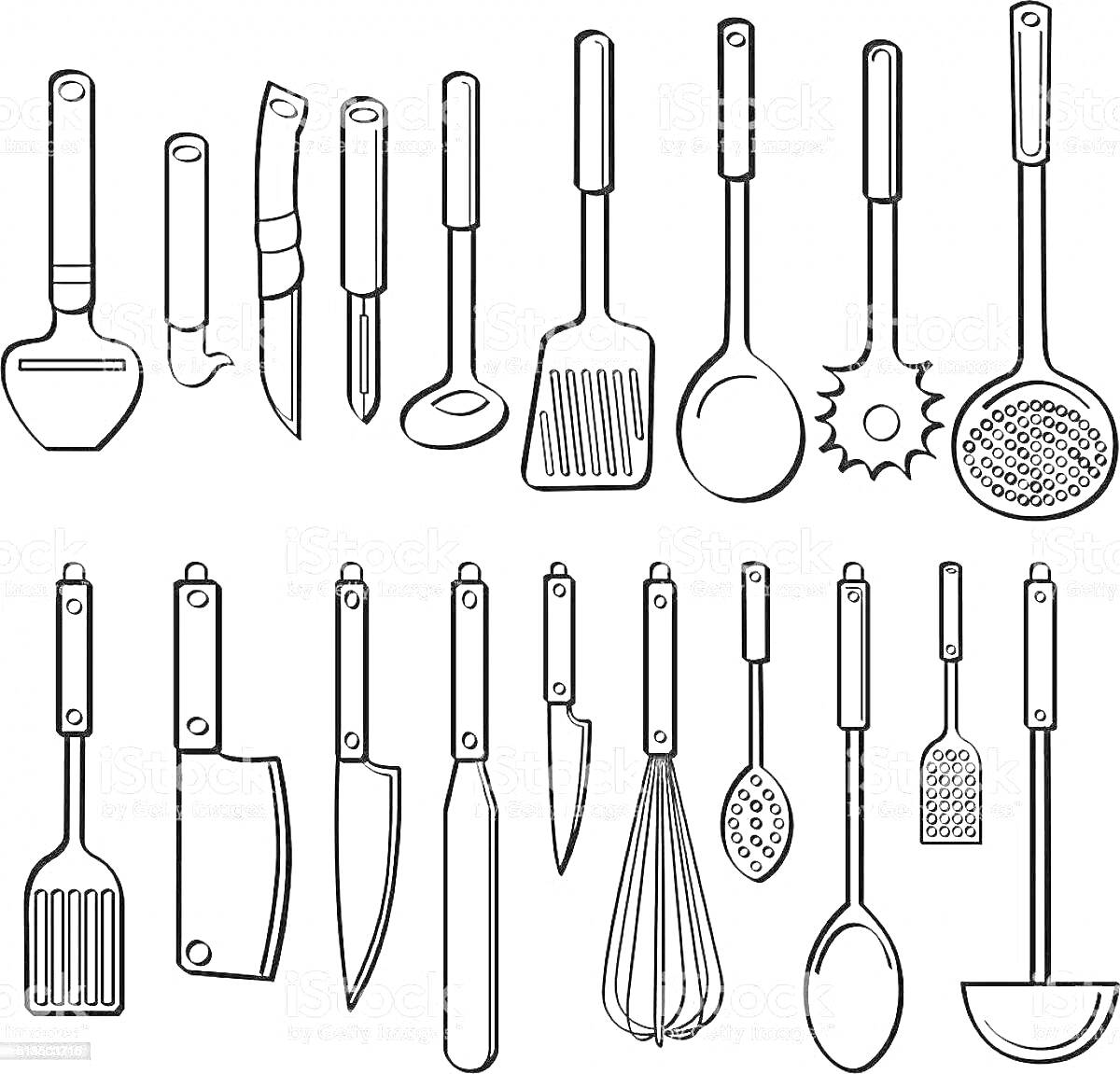 Раскраска Кухонные принадлежности - овощечистка, нож для чистки овощей, нож универсальный, нож поварской, нож для хлеба, венчик, лопатка-щипцы, шумовка, дырчатая ложка (лопатка для пасты), половник с дырками, лопатка, разделочный топорик, поварской нож, нож для хле