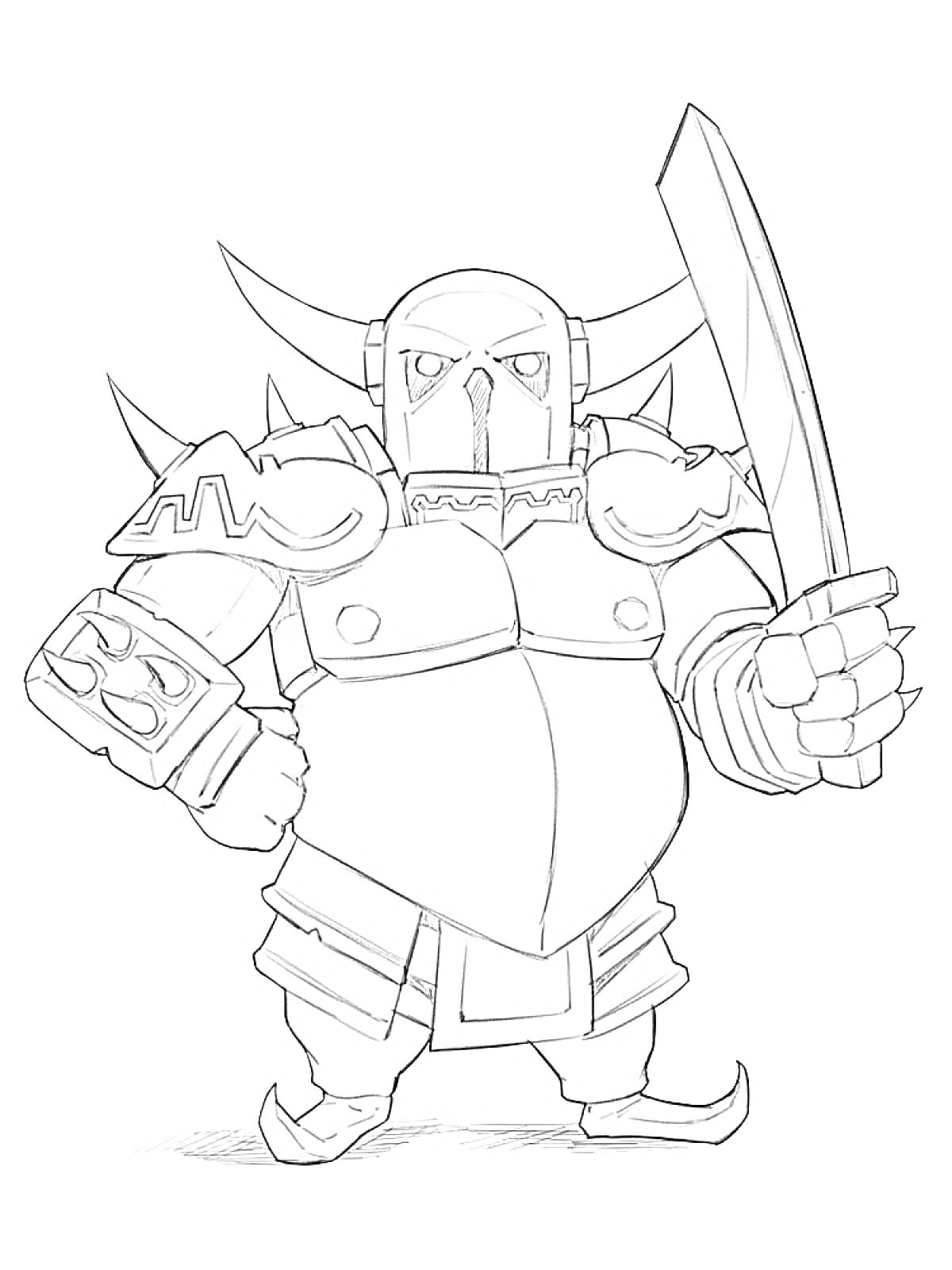 Раскраска Воин в шлеме с рогами, меч в правой руке, щит на левой руке, доспехи с шипами на плечах