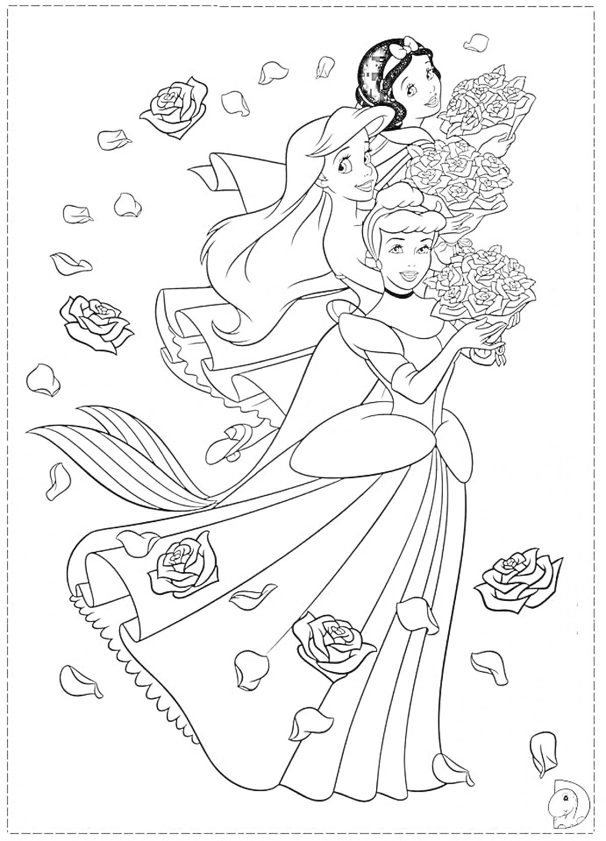 Раскраска Дисней принцессы с букетами роз (три принцессы - одна с распущенными волосами и хвостом русалки, вторая с короной и длинными волосами, третья с пышной юбкой. Вокруг летят лепестки и цветы роз).