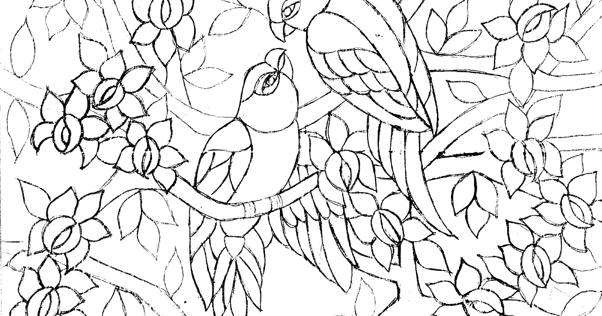 На раскраске изображено: Витраж, Цветы, Листья, Птица, Ветка, Узоры
