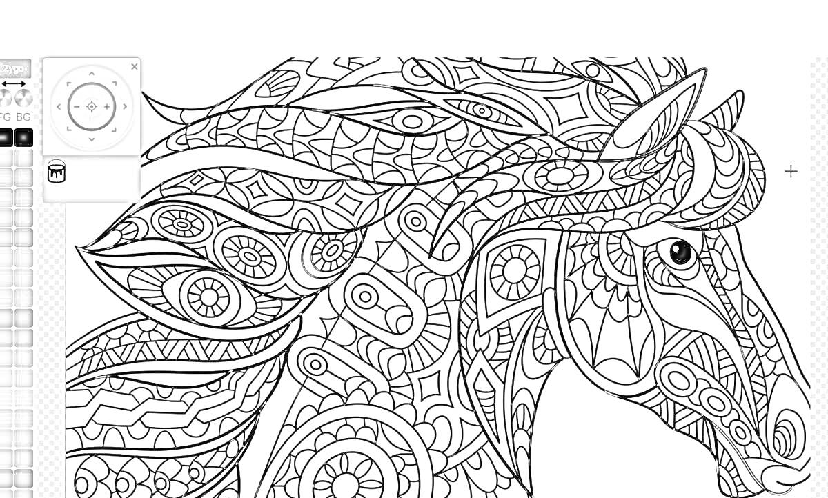 Раскраска Комплексный рисунок головы лошади с множеством геометрических узоров