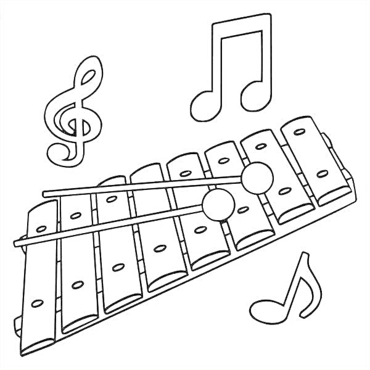 Раскраска Ксилофон с нотами и скрипичным ключом