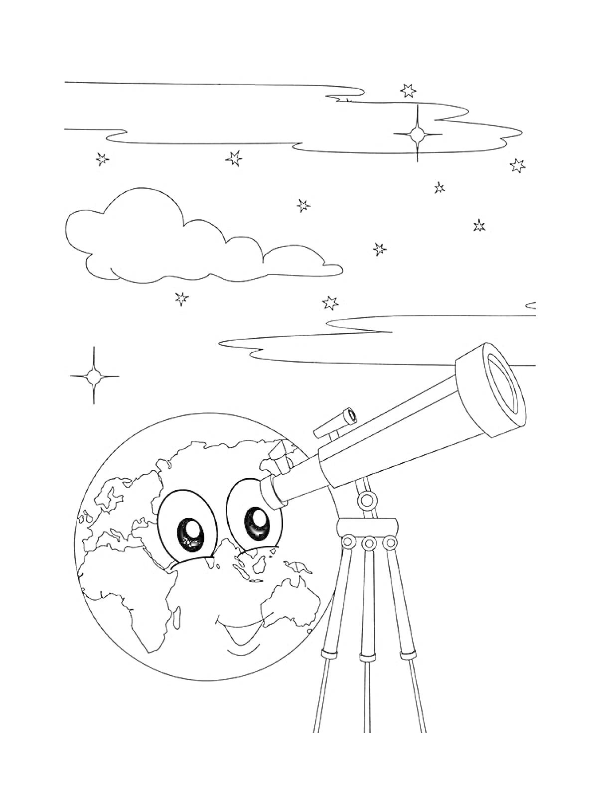 На раскраске изображено: Телескоп, Звезды, Небо, Облака, Космос, Наблюдение, Планеты, Астрономия