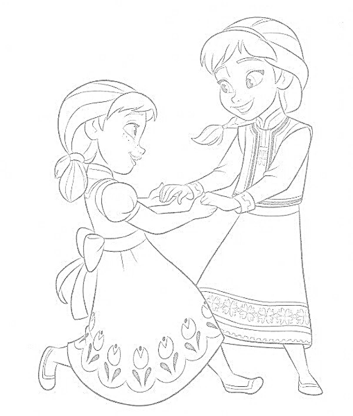 Раскраска Девочки в платьях с цветочными орнаментами танцуют, держась за руки