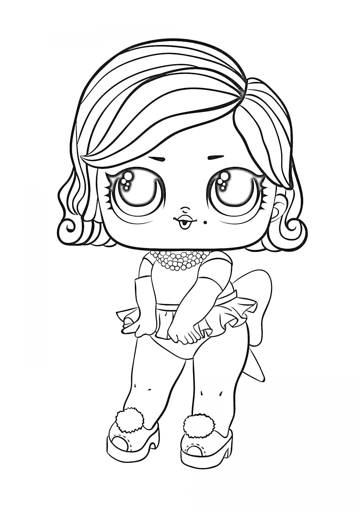 Раскраска ЛОЛ кукла с волнистыми волосами, крупными глазами, в платье с бантом, обувь на каблуках с помпонами