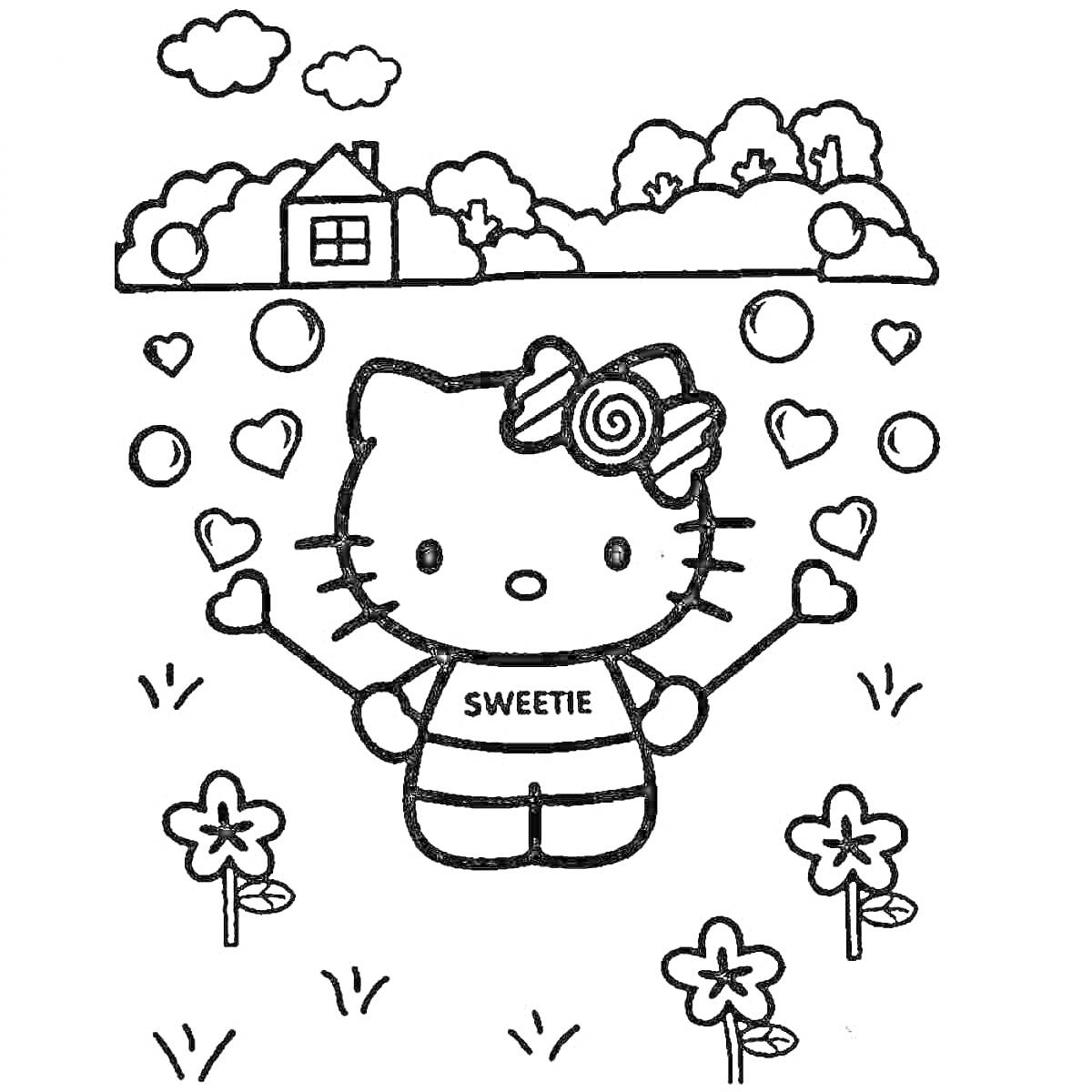 Раскраска Hello Kitty с сердечками на палочках на фоне деревенского дома и цветущих растений