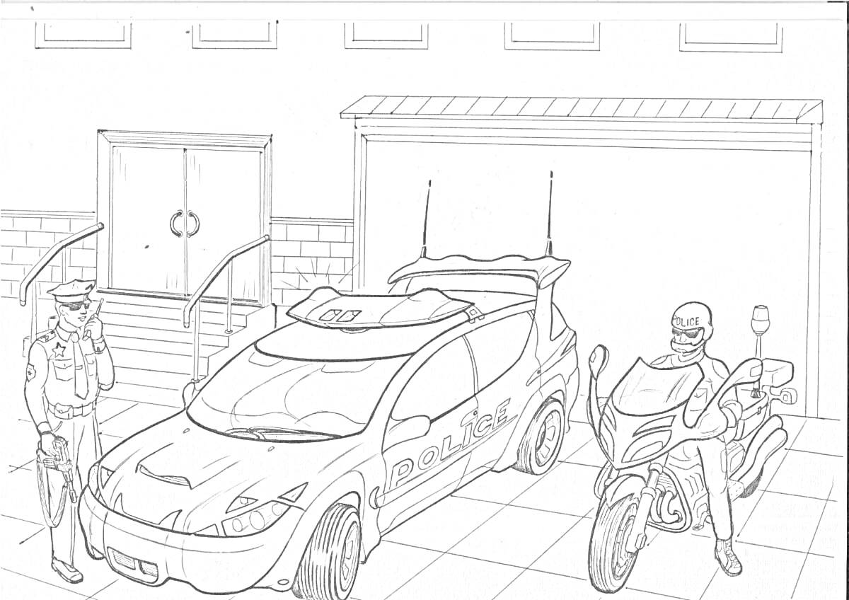 Раскраска Полицейский участок с нарядом полиции: полицейская машина и мотоцикл